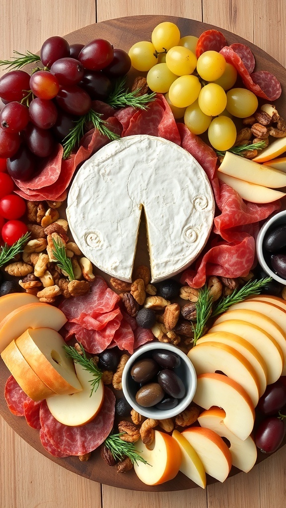 Festive Christmas Charcuterie Board with Brie A festive charcuterie board with brie cheese, meats, fruits, nuts, and olives, beautifully arranged for Christmas.
